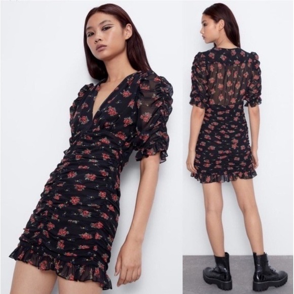 Zara Black Red Floral Ruched Mini Dress Short Sleeve Puff Sleeve New W Tags M - Picture 1 of 10